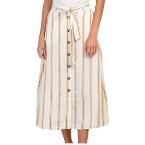 Cynthia Rowley Womens Skirt 100% Linen Striped Yellow Pockets Tied Midi Medium